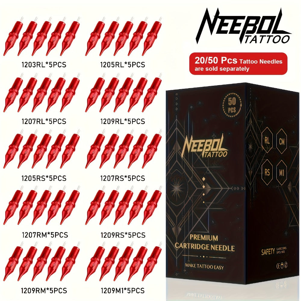20/50pcs Neebol Tattoo Cartridge Needles Mixed Size Assorted Round Liner Shader Curved/Round Mag #10 #12 Bugpin Standard 3RL 5RL 7RL 9RL 11RL 5RS 7RS 9RS 7RM 9RM 9M1 for Tattoo Supplies And Equipment, Tattoo Gun Machine Kit Body Art Gift