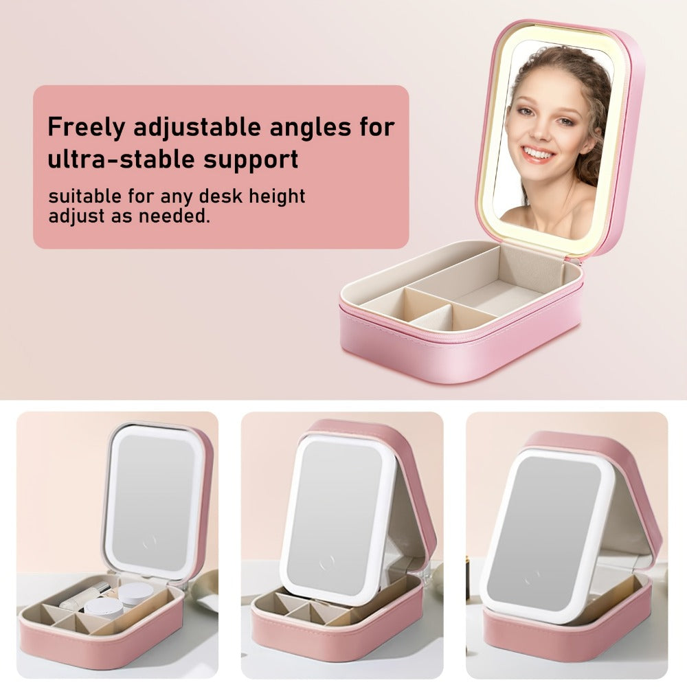 Lighted Makeup Mirror with Travel Case Cosmetic Bag Organizer - Adjustable 3-Color LED Light 1200mAh Rechargeable Portable Vanity Mirror for Women Gift