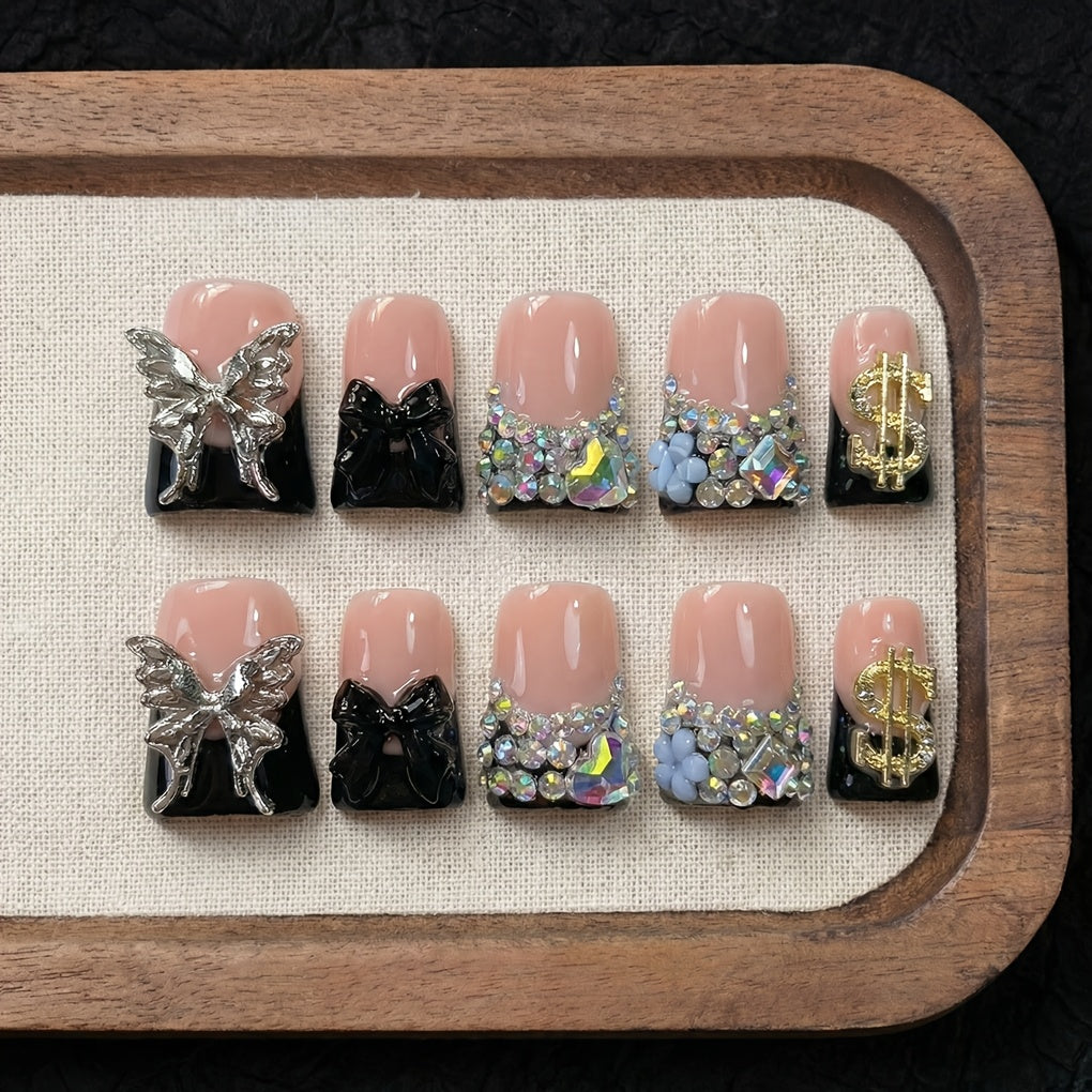Handcrafted Press On Nails Duckbill Medium – Black & Nude Colorblock, Glitter, AB Rhinestone & Liquid Metal Butterfly | 10pcs Glossy Nail Set for Parties, Daily Wear & Gifts, S/M/L