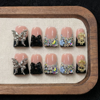 Handcrafted Press On Nails Duckbill Medium – Black & Nude Colorblock, Glitter, AB Rhinestone & Liquid Metal Butterfly | 10pcs Glossy Nail Set for Parties, Daily Wear & Gifts, S/M/L