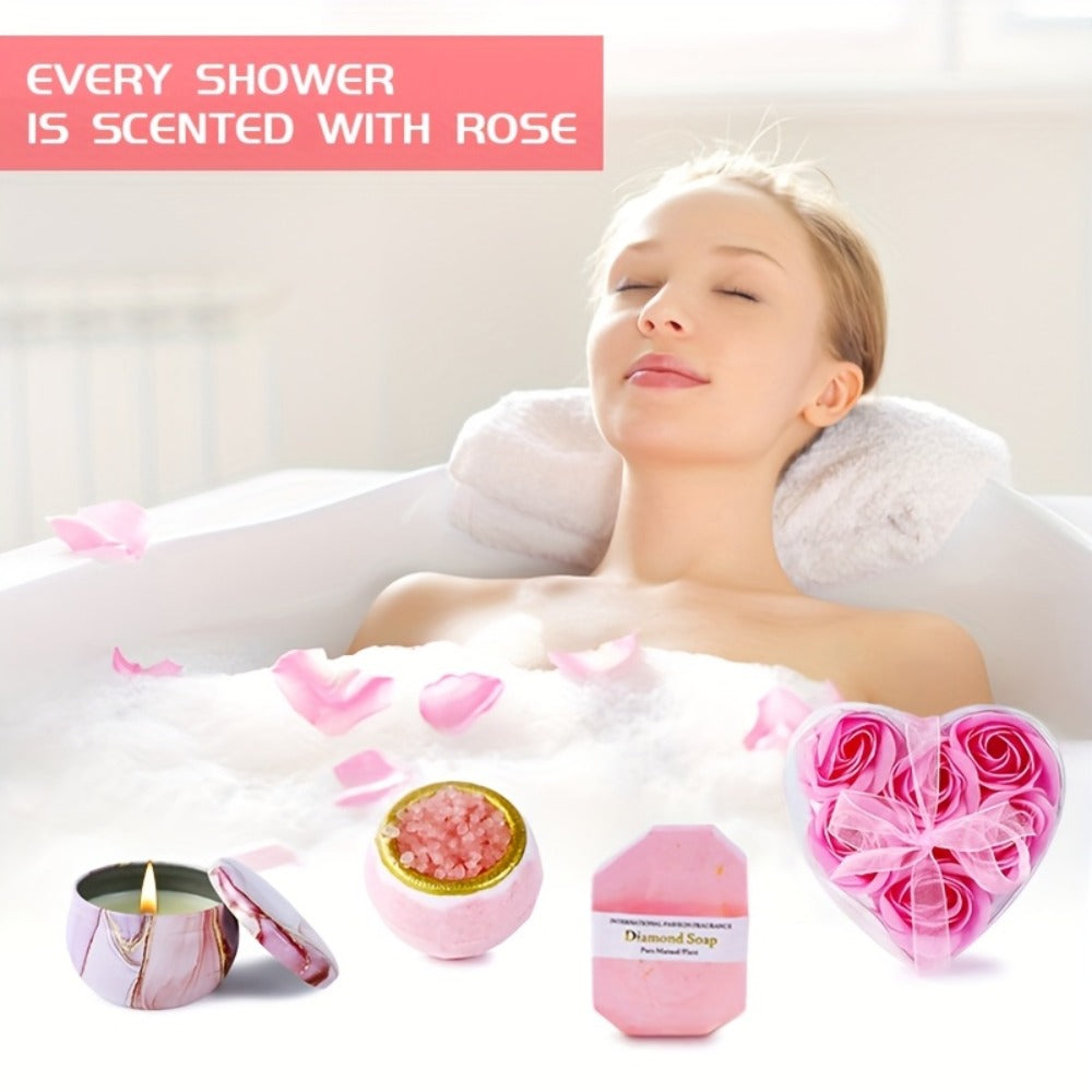 Bath Gift Set with Rose Scented Candles, Dried Flowers, Bath Salt Balls, Water Cups, Eye Masks, Gift Cards, Blankets, Soaps, Socks, Hair Ribbons, Can Be Used As Birthday, Christmas, Mother's Day, Valentine's Day Gifts for Family, Friends