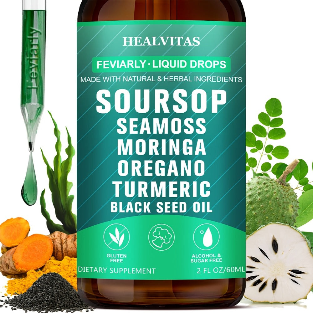 Natural Soursop Bitters Liquid 10-In-1, Highly Absorbable with Natural Soursop Seaweed Moringa Turmeric Black Seed Oil Oregano South African Drunken Tomato, Herbal Extracts Supports Digestion & Intestinal Health, Easy to Take Liquid Supplement, 2 oz