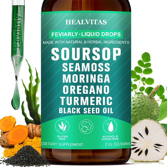 Natural Soursop Bitters Liquid 10-In-1, Highly Absorbable with Natural Soursop Seaweed Moringa Turmeric Black Seed Oil Oregano South African Drunken Tomato, Herbal Extracts Supports Digestion & Intestinal Health, Easy to Take Liquid Supplement, 2 oz