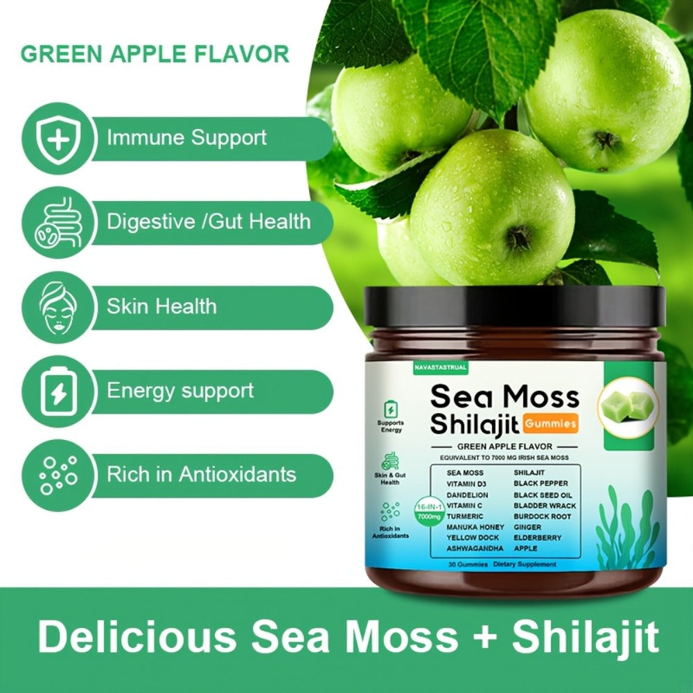 30 Gummies, 16-in-1 Sea Moss+Shilajit Gummies, Plant-Based Formula with Sea Moss, Shilajit, Turmeric, Ashwagandha & Black Seed Herbal Supplement, Immune Support, Digestive Health, Daily Wellness, Green Apple Flavor, Christmas Gift for Men And Women