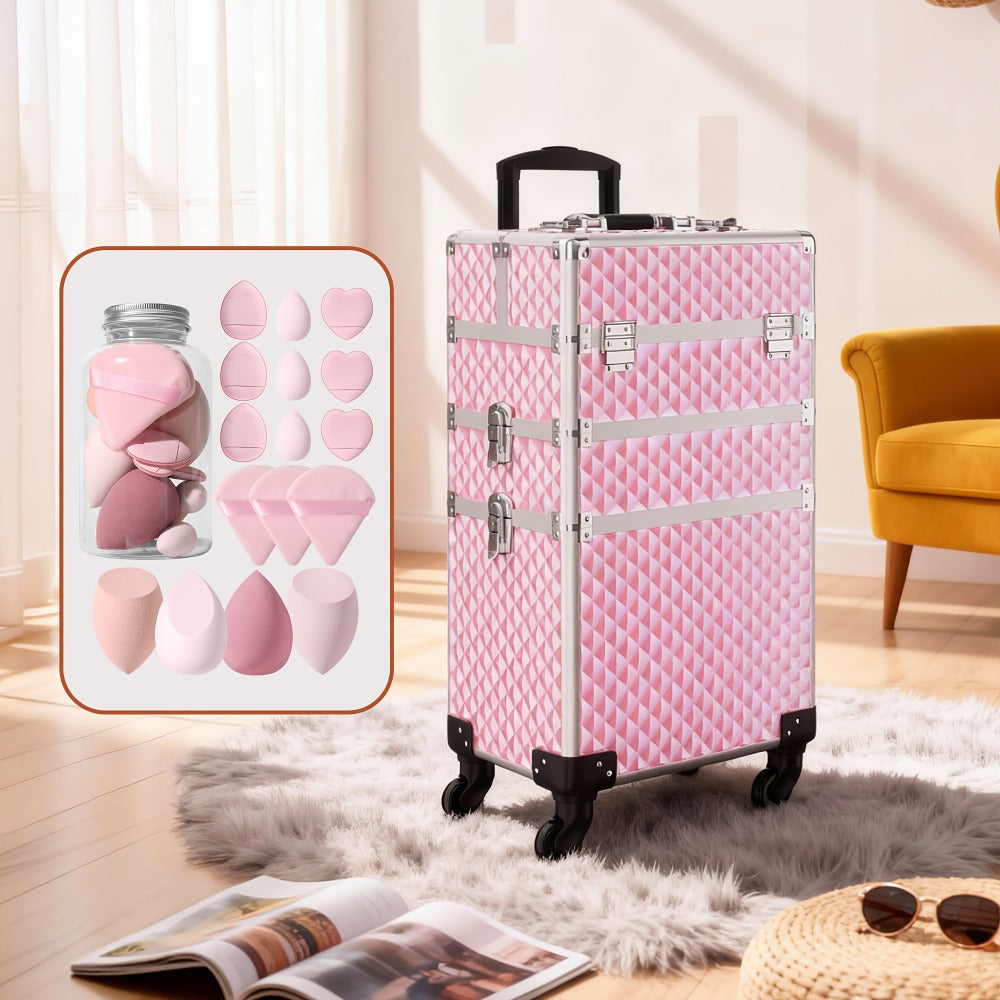 Rolling Makeup Train Case with Makeup Sponges Set, Large Storage Cosmetic Trolley 3in 1 Large Capacity Trolley Makeup Travel Case with Key Swivel Wheels Salon Barber Case Traveling Cart Trunk