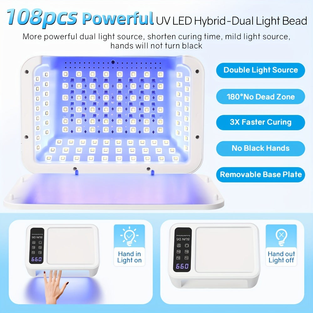 LED Nail Lamp for Two Hands, Not Rechargeable Gel Lamp Professional Nail Light Dryer with Removable Plate 2in 1 Blue & Red Light 4 Timers Auto Sensor Fast for Home & Salon DIY Manicure
