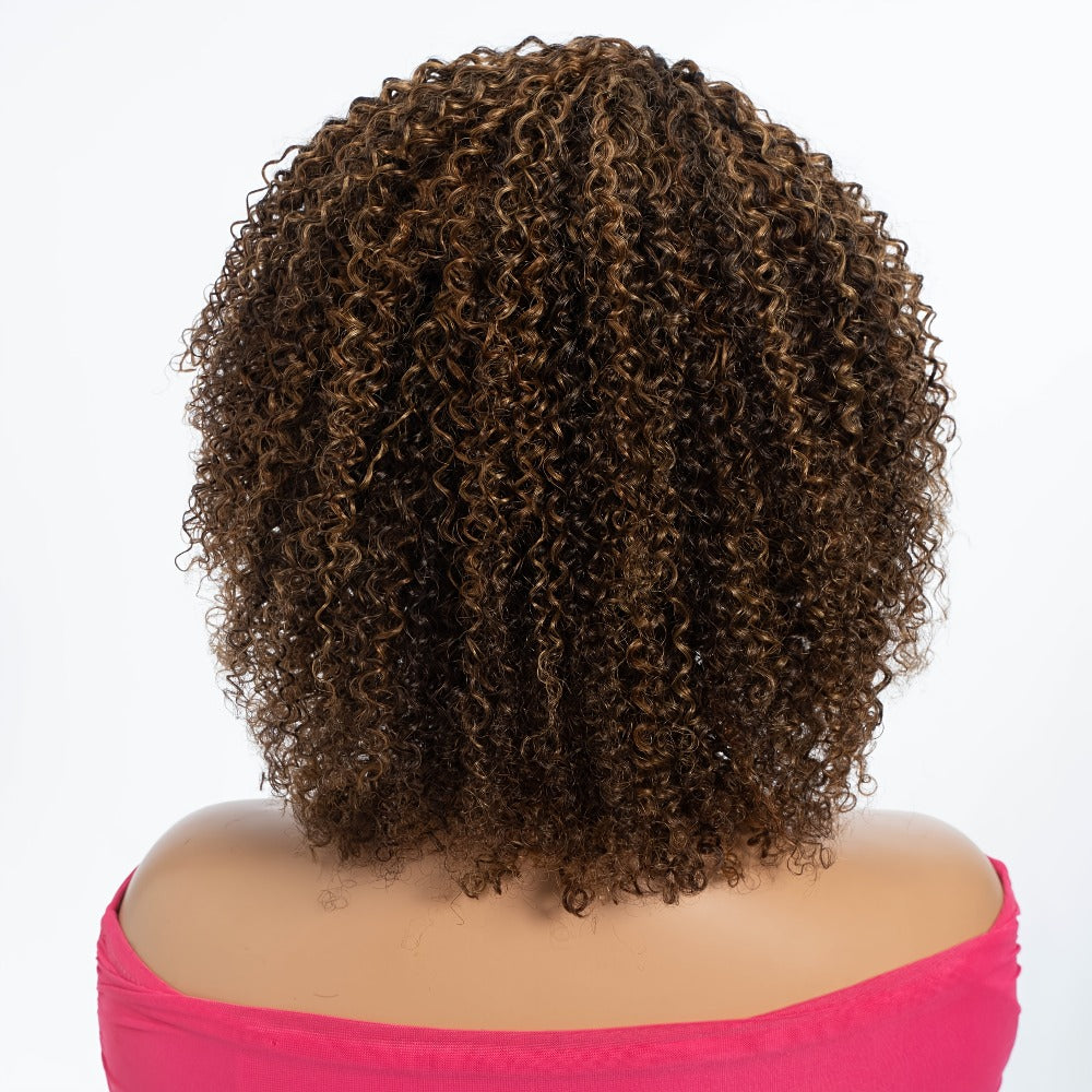 Jerry Curl Human Hair Wig with Bangs Glueless Short Kinky Curly Brazilian Remy Highlight Wig 12 Inch Women P4/30/27 P1B/30 Natural Voluminous Look