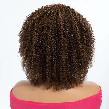 Jerry Curl Human Hair Wig with Bangs Glueless Short Kinky Curly Brazilian Remy Highlight Wig 12 Inch Women P4/30/27 P1B/30 Natural Voluminous Look