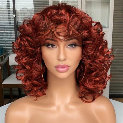 Short Curly Wig with Bangs Jerry Curl Synthetic Lace Front Wig 14 Inch Heat Resistant 13x1 Lace Wig for Women Daily Wear Cosplay Dark Brown Copper Red Dark Wine