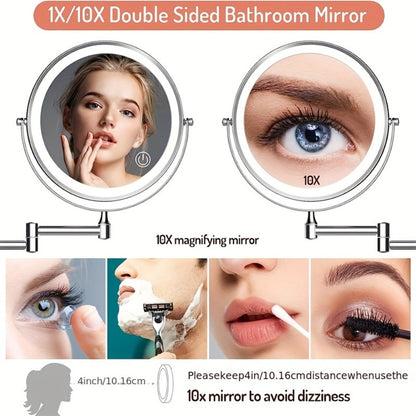 Wall Mounted Lighted Makeup Mirror 10X Magnification, 8 Inch LED Vanity Mirror 1X/10X Double Sided, 3 Color Lights Touch Dimmer 360° Swivel Rechargeable — Black Silver Gold