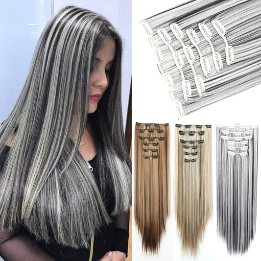 Set of 6 Clip-In Hair Extensions, Featuring 16 Clips, Made from Synthetic Fiber, Designed to Add Volume And Length, Suitable for Various Occasions, High-Temperature Fiber Hairpieces for Women