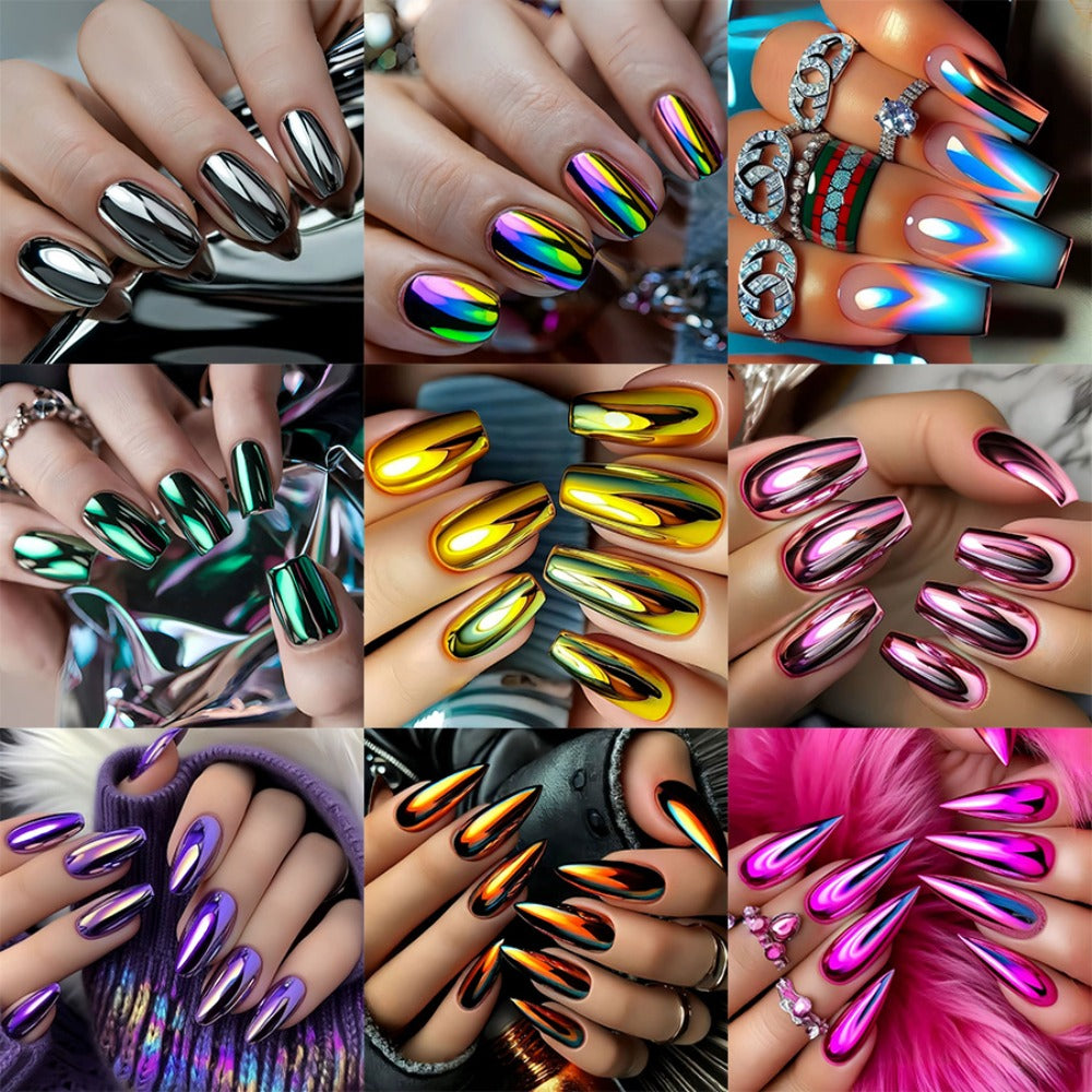 216pcs (9pcs) Solid Color Cool Almond Shaped Nail Pressure Purple, Pink, Silvery, and Golden Gradient Fake Nails, French Style Pointed Fake Nails, Daily and Holiday Nail Full Set Acrylic Nail Glue for And