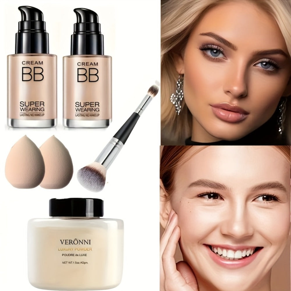 BB Cream and Setting Powder Set 2pcs with Tools Moisturizing Concealer Oil Free Matte Long Lasting Face Makeup for Women Light Natural Skin Tone