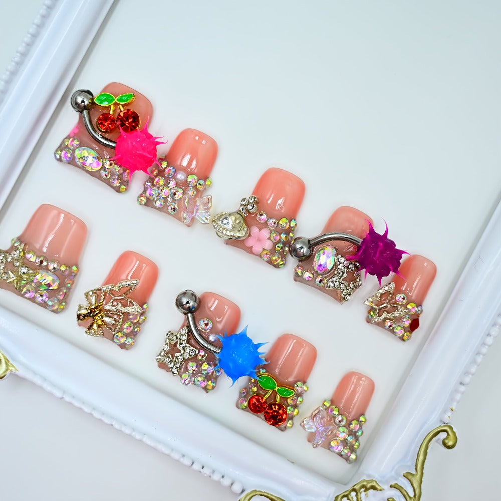 Y2K Piercing Charm Press on Nails Handmade Duck Nail with Nightmare Eye And Barbell 3D Nail Charms, Rhinestone Nails For, Trendy Party Nail Art
