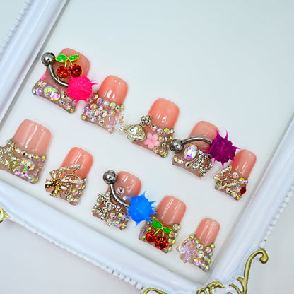 Y2K Press On Nails Handmade 3D Charm Duck Nail - Nightmare Eye Barbell Rhinestone Strobe Gradient Star Design Duckbill False Nails Trendy Party Nail Art for Women Girls S M L