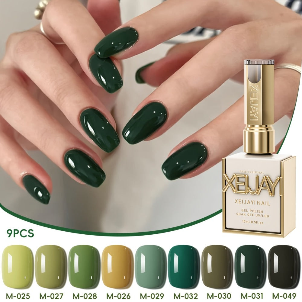 Gel Nail Polish Set 9 Colors Green Forest Theme Semi-Permanent UV LED Soak Off 0.51oz Each Long-Lasting Nail Art DIY Home Salon Manicure Pedicure Gift for Women