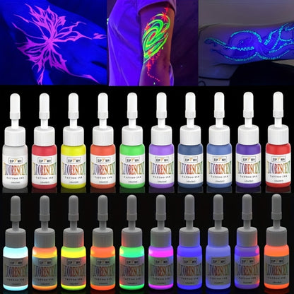 Fluorescent Tattoo Ink Set 10 Colors UV Glow Bright Long-Lasting Light-Reactive Neon Tattoo Ink Bottles for Tattoo Artists & Enthusiasts Body Art