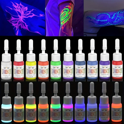 Fluorescent Tattoo Ink Set 10 Colors UV Glow Bright Long-Lasting Light-Reactive Neon Tattoo Ink Bottles for Tattoo Artists & Enthusiasts Body Art