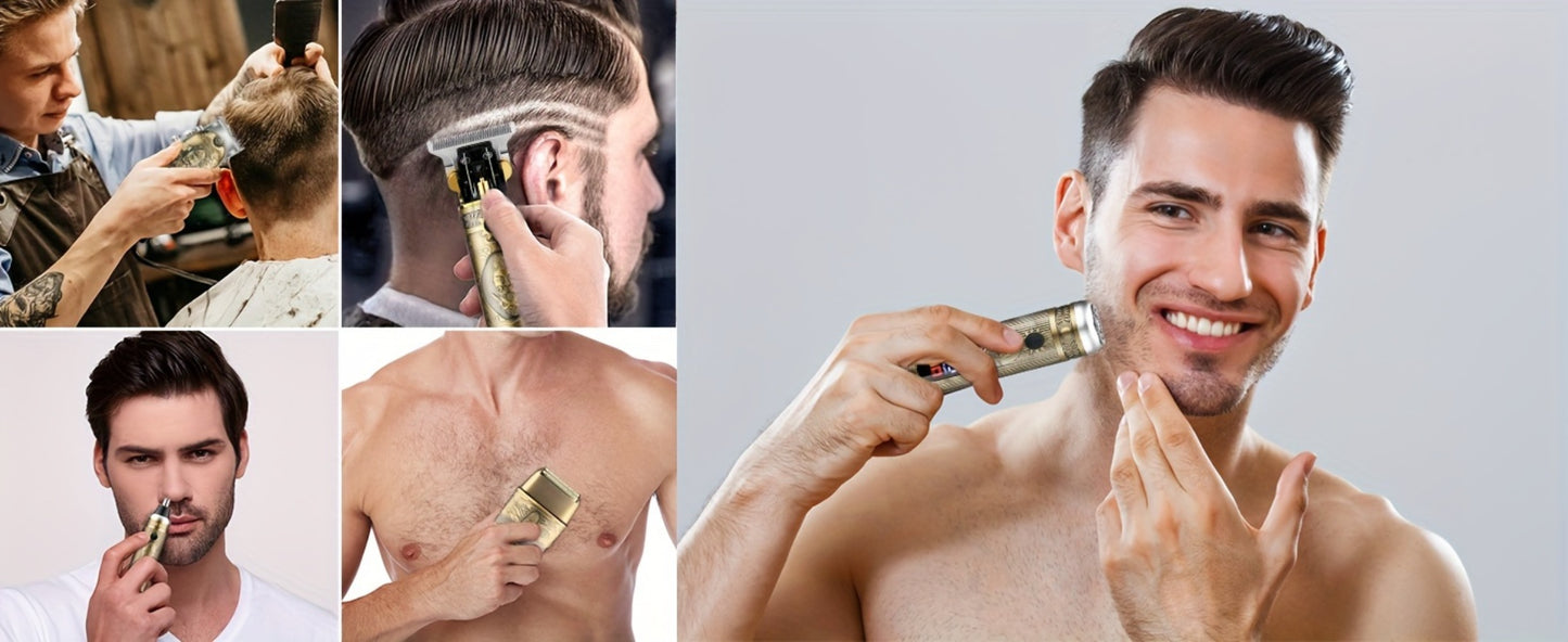 Professional Hair Clippers & Trimmer Set for Men — T-Blade Trimmer, Nose Hair Trimmer, Electric Razor, LCD Display, USB Rechargeable, Zinc Alloy Body, Ergonomic Grooming Kit