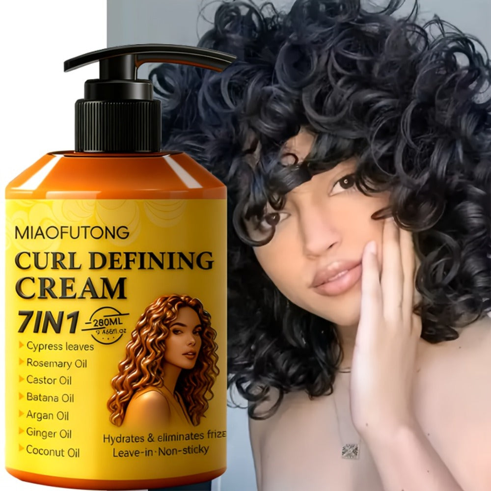 Curl Cream with 7-in-1 Hair Oil 280ml - Deep Moisture Defining Curl Cream Infused with Argan Oil Rosemary Castor Coconut Oil - Long-Lasting Voluminous Waves for Curly Wavy Hair