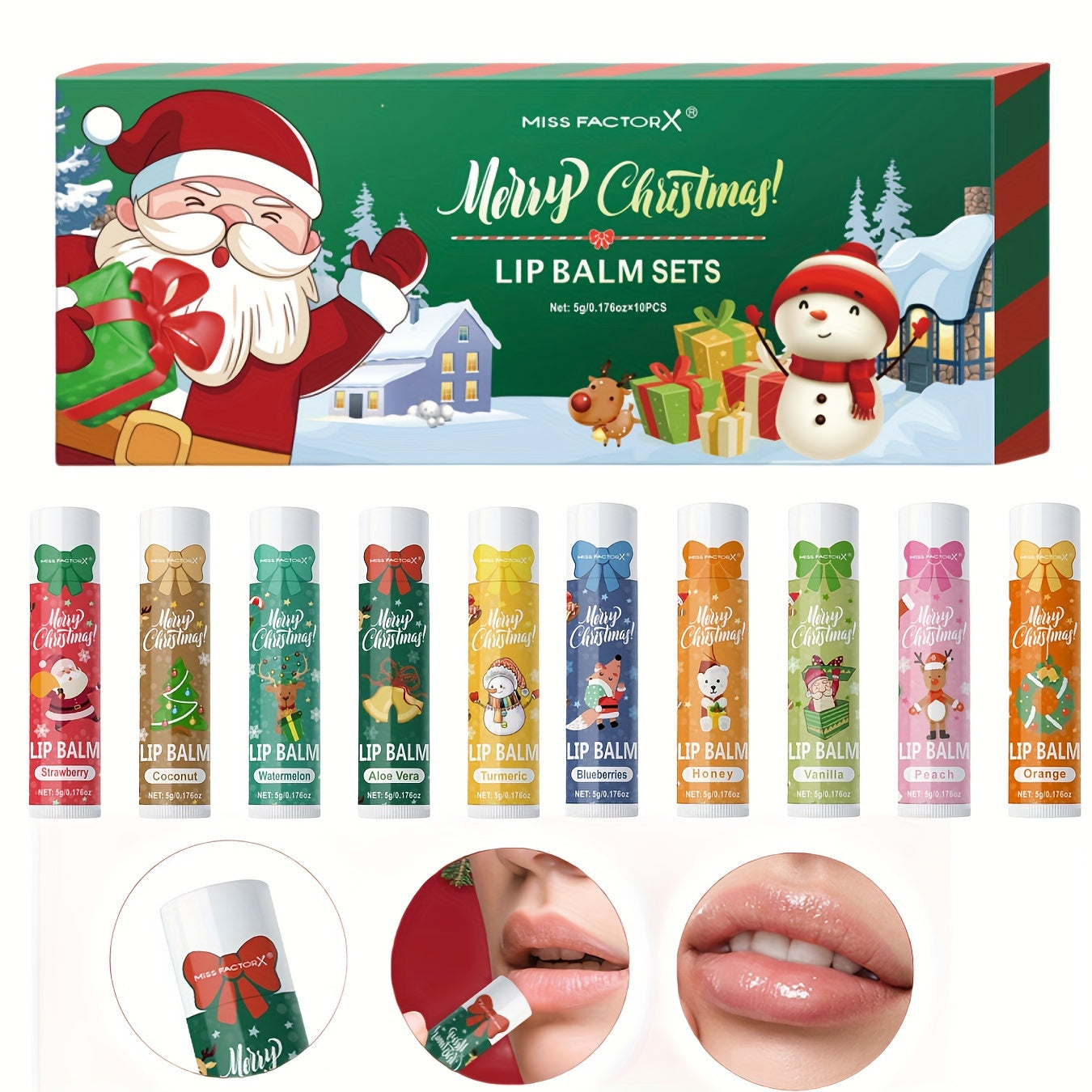Lip Balm Set 10-Pack Christmas Gift — MISS FACTORX Moisturizing Lipstick Collection with Vitamin E, Natural Look, All Skin Types, Holiday & Valentine’s Day Gift for Women