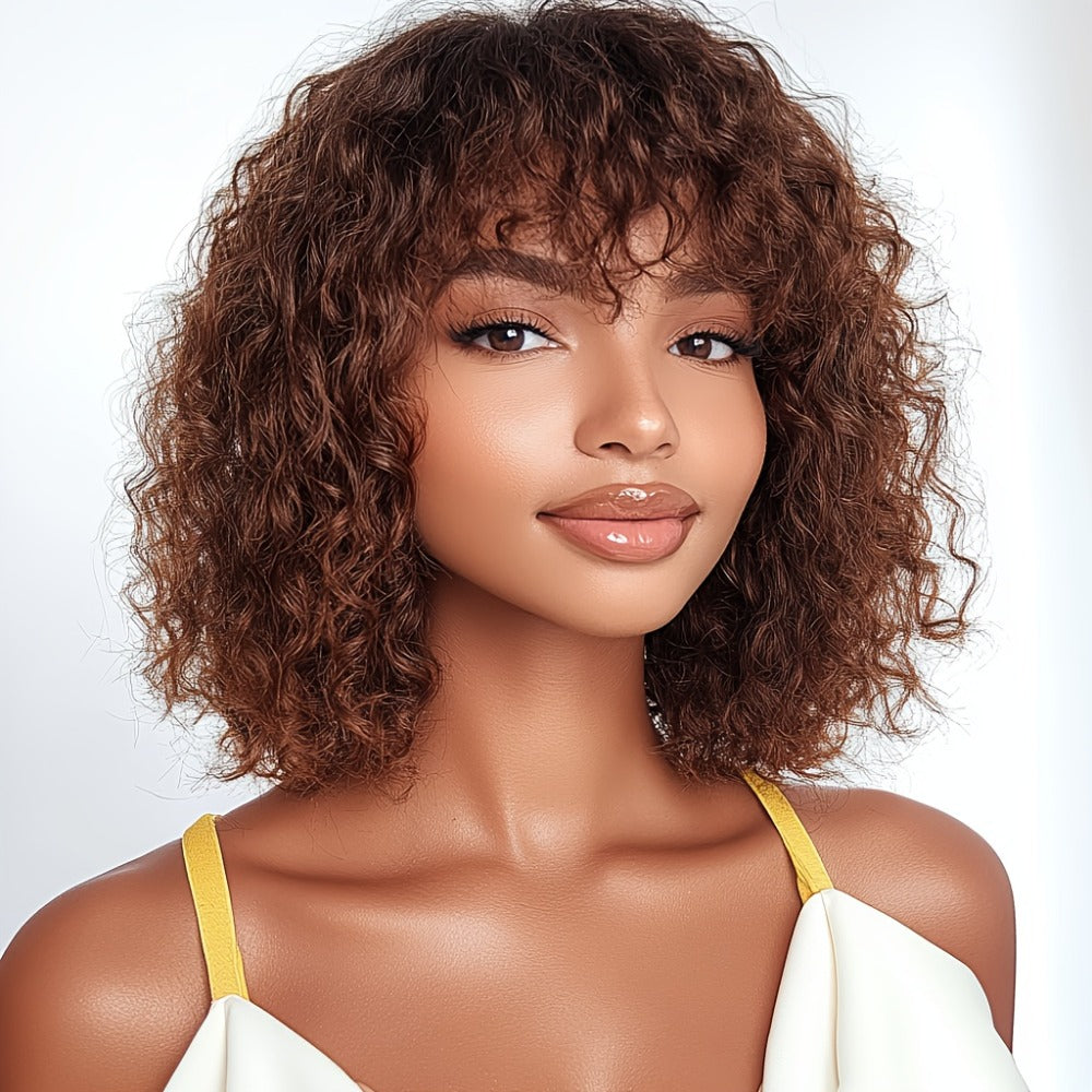 Human Hair Bob Wig Curly Water Wave Glueless Short Wig with Bangs 150% Density Ombre Brown Auburn 12 Inch Beginner Friendly Natural Hairline Daily Wear