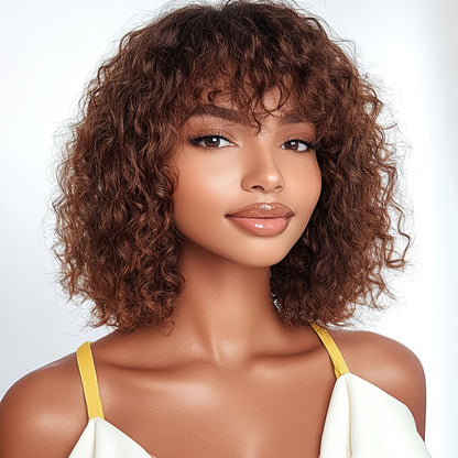 Human Hair Bob Wig Curly Water Wave Glueless Short Wig with Bangs 150% Density Ombre Brown Auburn 12 Inch Beginner Friendly Natural Hairline Daily Wear