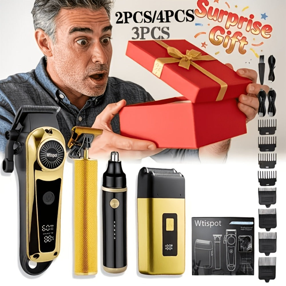 Take Care Of Everything! 2pcs/3pcs/4pcs Men'S Electric Hair Clipper, Nose Hair Clipper, Shaver Set - Wireless USB Charging Professional Hair Clipper Set With Lithium Battery - His Ideal Gift, Christmas, Valentine'S Gift| Fashionable Golden Design!