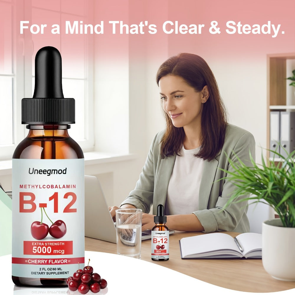 Uneegmod Vitamin B12 Liquid Drops 5000 Micrograms Cherry Flavor Sublingual B12 Drops Methylcobalamin Liquid Supplement Suitable for Both Men And Women 2 Fluid Ounces