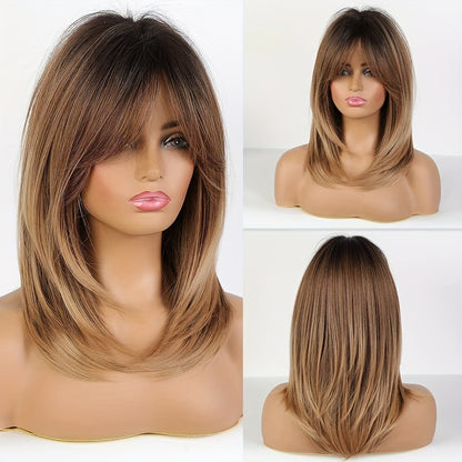 Synthetic Wig Hat with Layered Bangs – Rose Net Cap Matte Finish Heat Resistant Fiber Wig for Women, Natural Looking Dark Brown Long Hair, Comfortable Everyday Style, 18 Inch