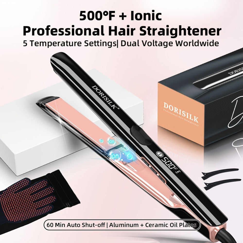 Professional Hair Straightener Flat Iron 500°F — Plasma Ionic Ceramic Plates, LCD Display, 60-Min Auto Off, Frizz Control for All Hair Types