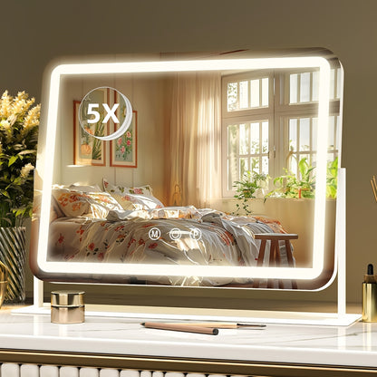 Lighted Vanity Mirror with 5X Magnifying Spotlight, 3 Color Lighting Modes Dimmable Illuminated Cosmetic Mirror for Makeup Vanity Table Bathroom, White