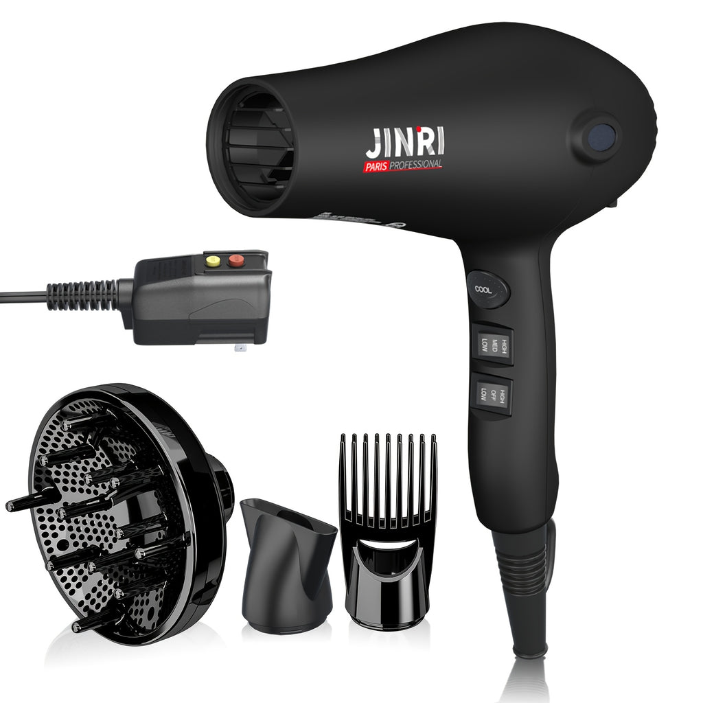 JINRI Professional Salon Ionic Hair Dryer with Diffuser & Concentrator Attachments, Ideal for Curly Hair - Black, 1875W, Non-Folding Handle, 1. 196.85inch-118.11inch Adjustable Cord, US Plug