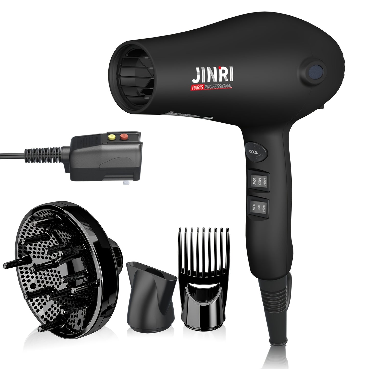 Professional Ionic Hair Dryer 1875W with Diffuser & Concentrator Attachments — Salon-Quality Blow Dryer for Curly Hair, Adjustable Cord, US Plug, Black