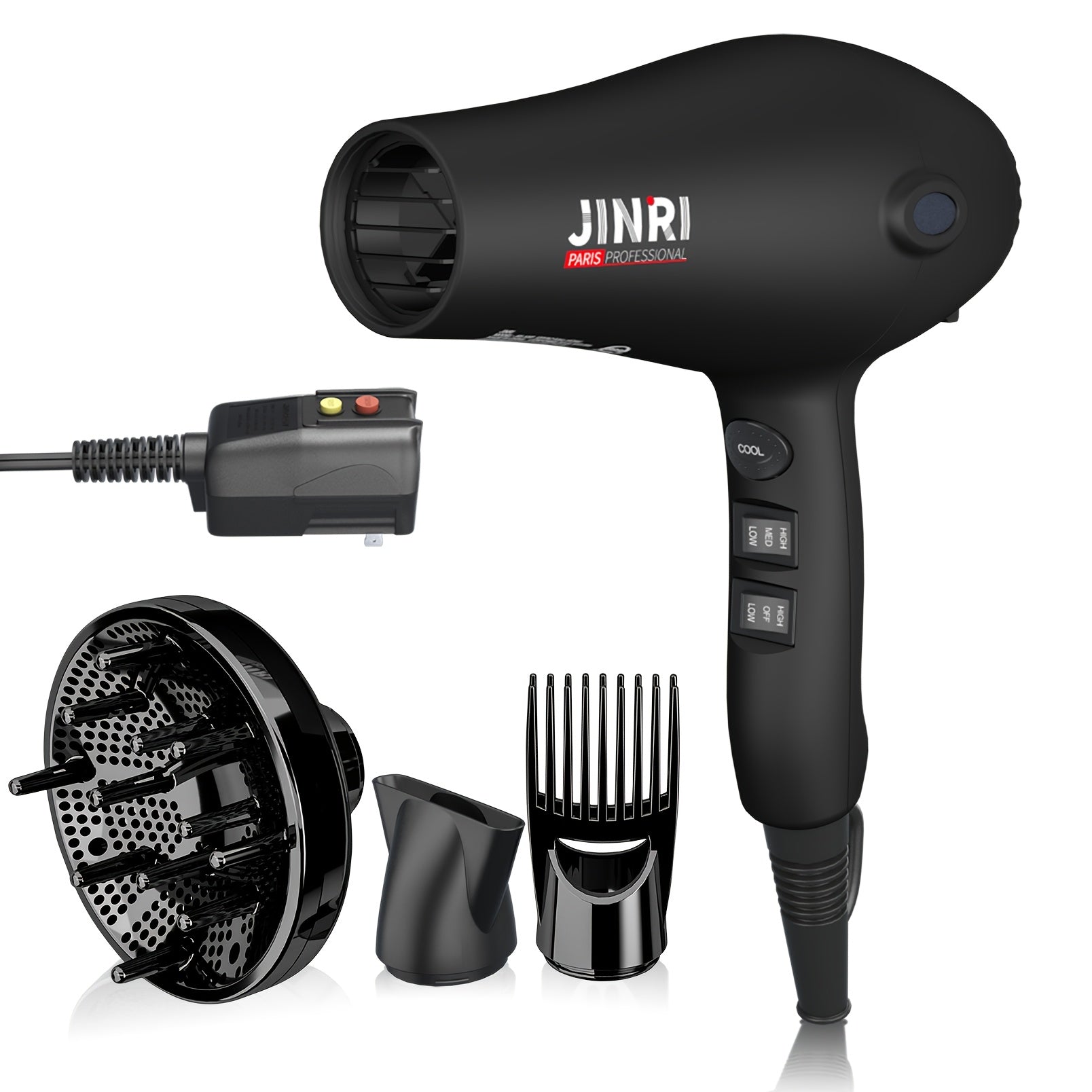 JINRI Professional Salon Ionic Hair Dryer with Diffuser & Concentrator Attachments, Ideal for Curly Hair - Black, 1875W, Non-Folding Handle, 1. 196.85inch-118.11inch Adjustable Cord, US Plug
