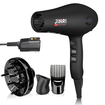 Professional Ionic Hair Dryer 1875W with Diffuser & Concentrator Attachments — Salon-Quality Blow Dryer for Curly Hair, Adjustable Cord, US Plug, Black