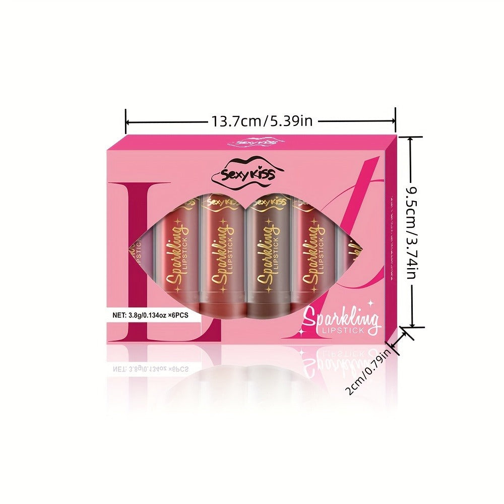 Shimmer Lipstick Set 6PCS in Gift Box - Glossy Shimmering Water-Resistant Long-Lasting Lip Color Assorted Shades for All Skin Tones Buildable Pigment Lipstick Collection for Women