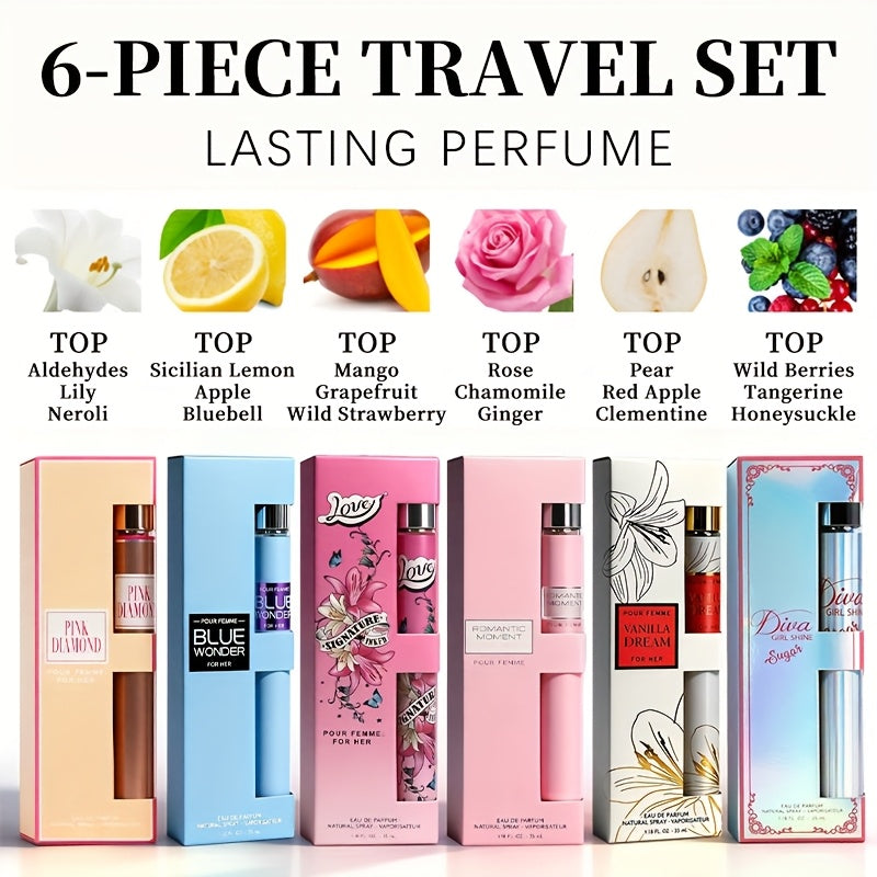 6pcs Travel Set, Women's Eau De Parfuma Spray, Long Lasting Fragrance, 6 Different Flavor, Perfect for Holiday Gifts, Dating, Daily Life, Parties, 1.18fl.oz/bottle