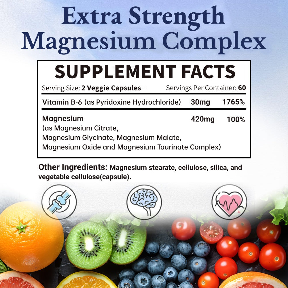 5-in-1 Magnesium Complex + Vitamin B6 Supplement - 420MG - High Absorption Magnesium Supplement for Sleep, Nerves, Muscles, Bones, 120 Capsules