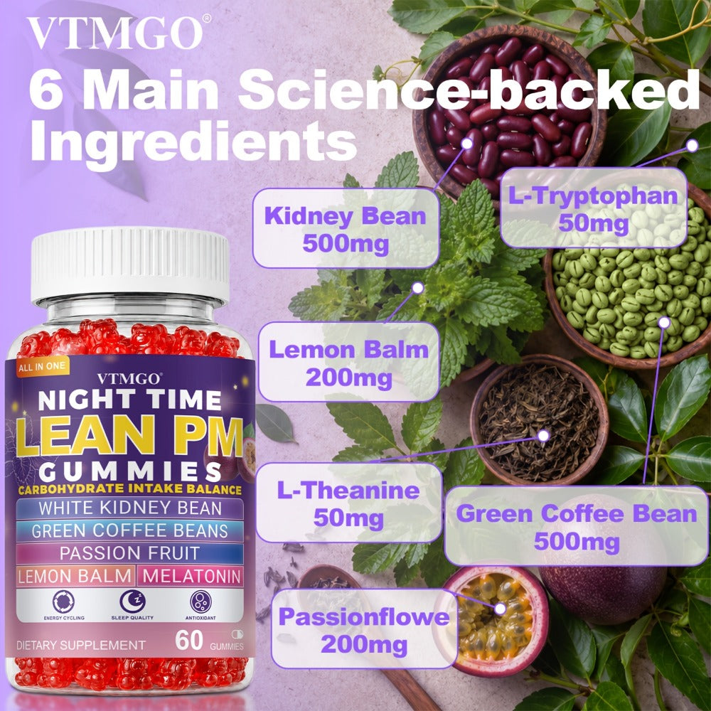 NIGHT TIME LEAN PM GUMMIES: White Kidney Beans, Green Coffee, Lemon Balm, Melatonin, Passionflower - Nature's Source Of Quiet Balance. Night Quietly Becomes The Starting Point for Health, Balance And Change.(60).(1/4/5 Bottles).Family & Holiday Gifts