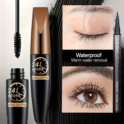Mascara 8D Fiber Volume & Lengthening Smudge-Proof Waterproof Lash Enhancer, Long-Lasting Black Mascara Set with Eyeliner Pencil, Luxury Beauty Gift for Her