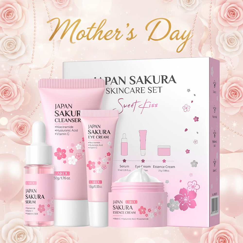 LAIKOU Sakura Gift Box 4pcs Skincare Set, Serum 0.59Fl.Oz, Skin Moisturizer 0.88Oz, Eye Cream 0.53Oz, Soft Foam Facial Wash 1.76Oz, Mother'S Day Gift Set, for Uneven Complexion