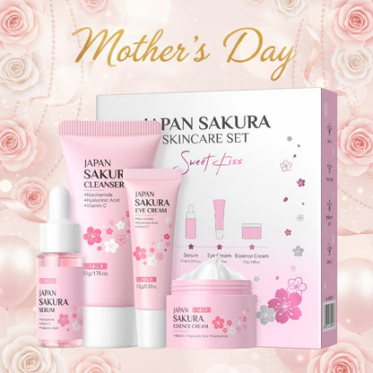Sakura Skincare Gift Set 4pcs Niacinamide Serum Eye Cream Moisturizer Foam Cleanser - Brightening Uneven Complexion Hydrating Routine Mother's Day Gift for Women
