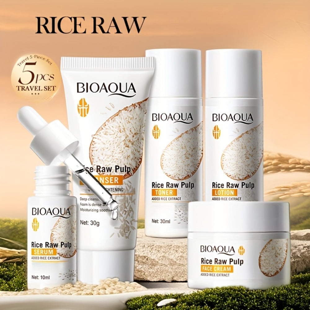 5pcs/Set Rice Light Beige Care Set, Rice Raw Pulp Skin Care Set, 5pcs Moisturizing Facial Care Set for Women, Rice Shampoos Facial Light Beige Care Set, Including Rice Cleanser, Toner, Essence, Cream, Lotion. Mini Travel Size