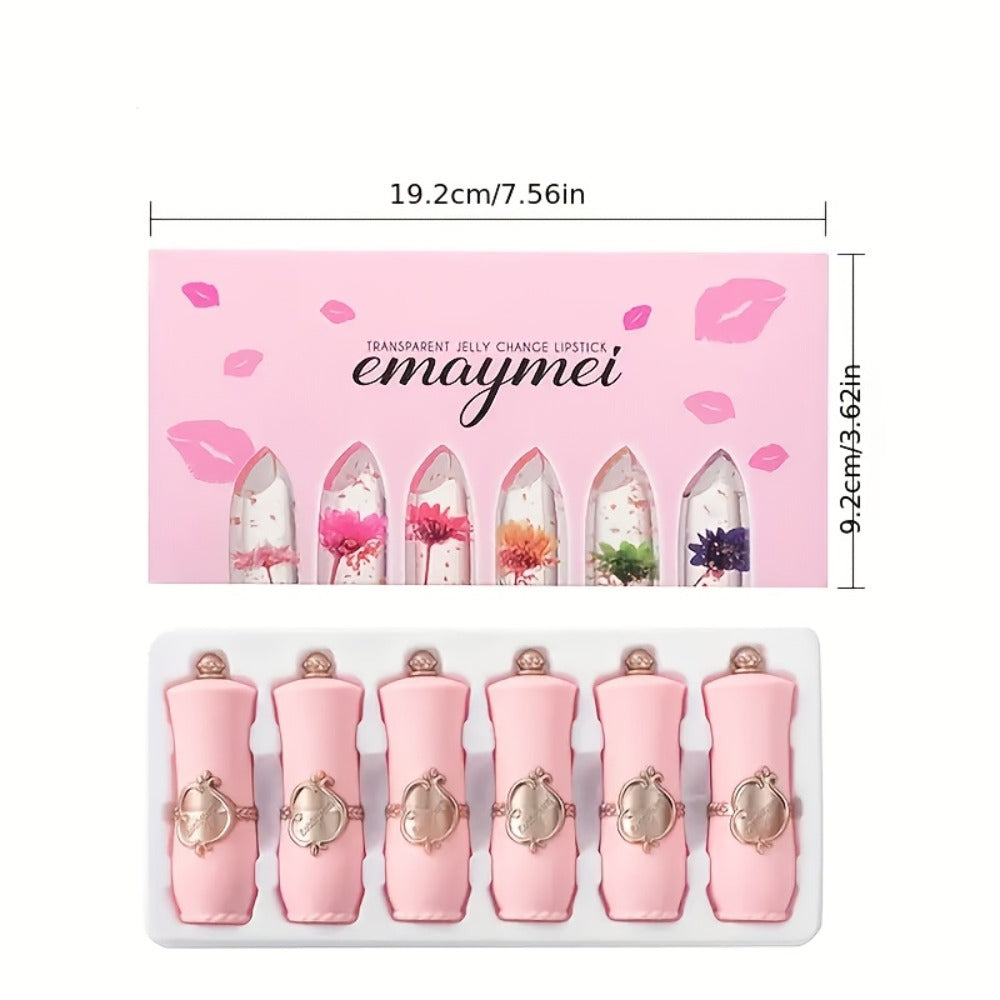 Lipstick Set 6-Pack – Moisturizing Transparent Petal Gloss Lip Color in Berry & Nude Shades, Long-Lasting Hydrating Formula, Prevents Dryness, Gift for Women