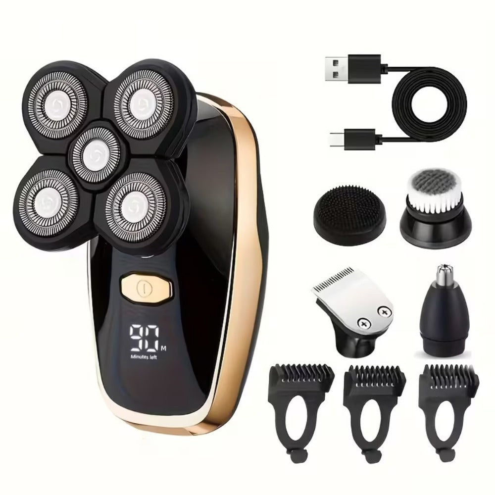 5in 1 Set/ Single Machine Men's 5-bit Electric Shaver, Bald Head Machine, USB Charging, Digital Display Design, Optional Combination Of Nose Hair Device, Hair Clipper, Exfoliating And Cleansing Brush
