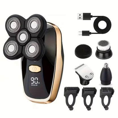 Men's Electric Shaver 5-in-1 Set USB Rechargeable Bald Head Clipper with Digital Display Nose Hair Trimmer Hair Clipper Exfoliating Brush Grooming Kit