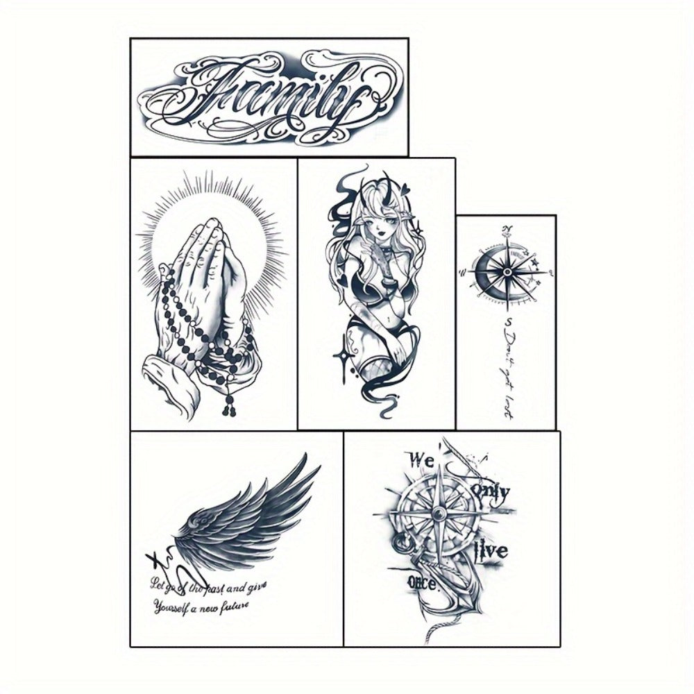 6 Large Herbal Tattoo Stickers, Lasting 7-15 Days, Waterproof And Friction-resistant, Realistic Effect, Suitable For People Who Do Not Want To Tattoo Pain, Including Compass, Wings, Anchors And Other Elements