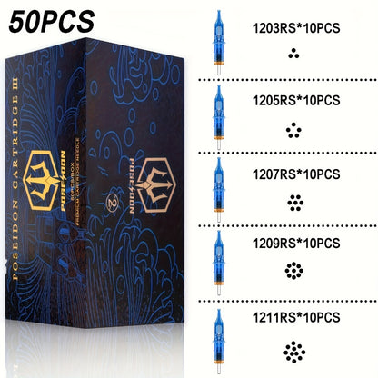 Tattoo Cartridge Needles 50pcs POSEIDON V3 Mixed Assorted Sizes with Membrane Safety Cartridges Stainless Steel Sterile Needles for Tattoo Machine Pen RL RS RM