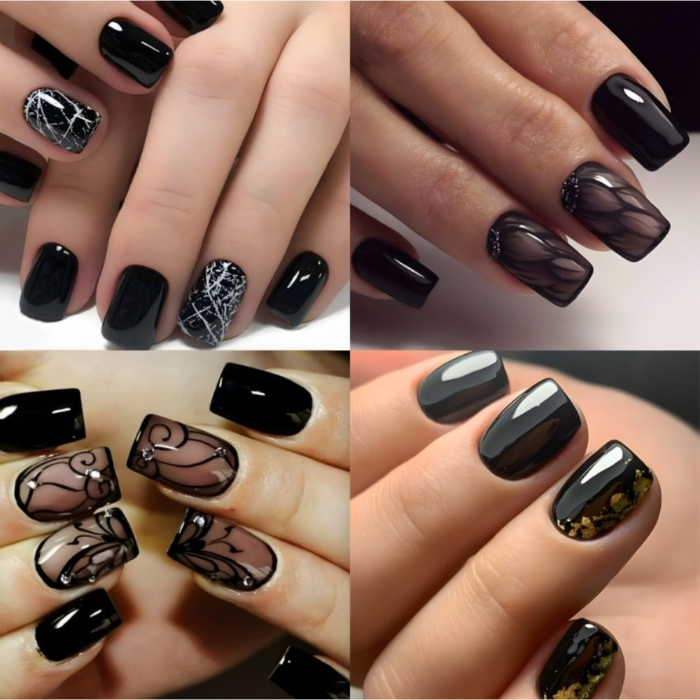 96 Pcs Black Press on Nails Short Square - Cute Summer Fake Nails Glossy False Nails Press ons Full Cover Nail Tips with Ice Cracks Design Acrylic Nail Kit Stick on Nails for Women